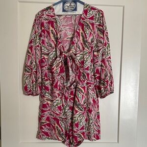 LOFT Pink and Green Leaf Print Romper
